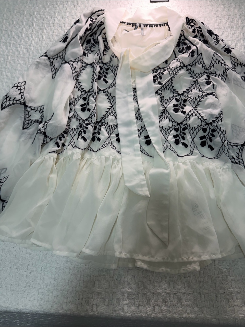 Anthropologie Cream Chiffon Blouse with Black Floral Embroidery and Tie Neck